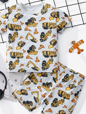 Toddler construction vehicle tee and shorts set with all-over print and crew neck.