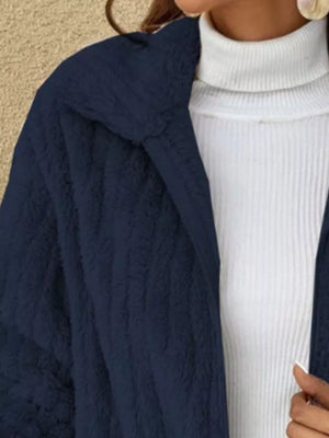 faux fur coat in Air Force Blue with plus-size and hip-length