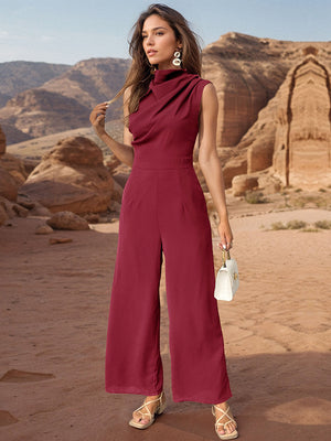 Burgundy draped neckline sleeveless wide-leg jumpsuit