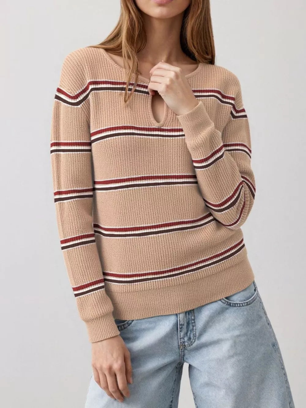 pullover sweater in Apricot with striped and ribbed