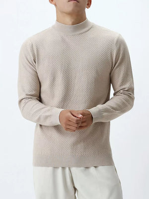 beige mock neck sweater with geometric and mock neck