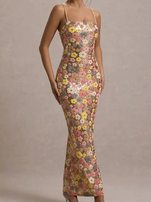 Maxi dress with floral sequin embellishments, square neckline, and spaghetti straps.