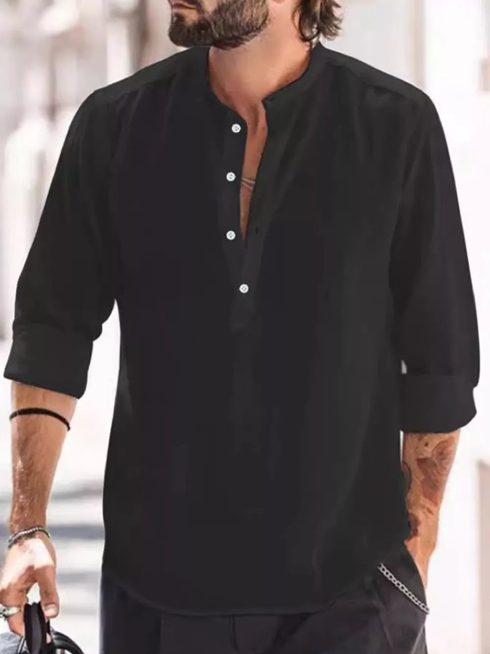Black Men's Plus Size Long Sleeve Button Shirt