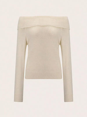 Beige with Ribbed Knit Off Shoulder Sweater