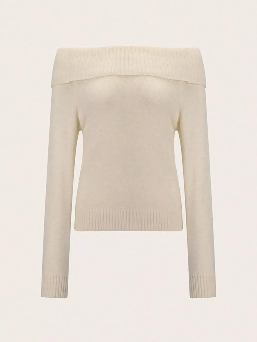 Beige with Ribbed Knit Off Shoulder Sweater
