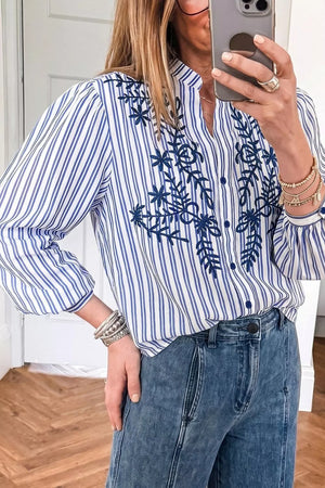 Stripe Embroidered Button Front Long Sleeve Shirt option 3