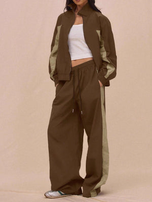 espresso brown tracksuit with color-block and collared