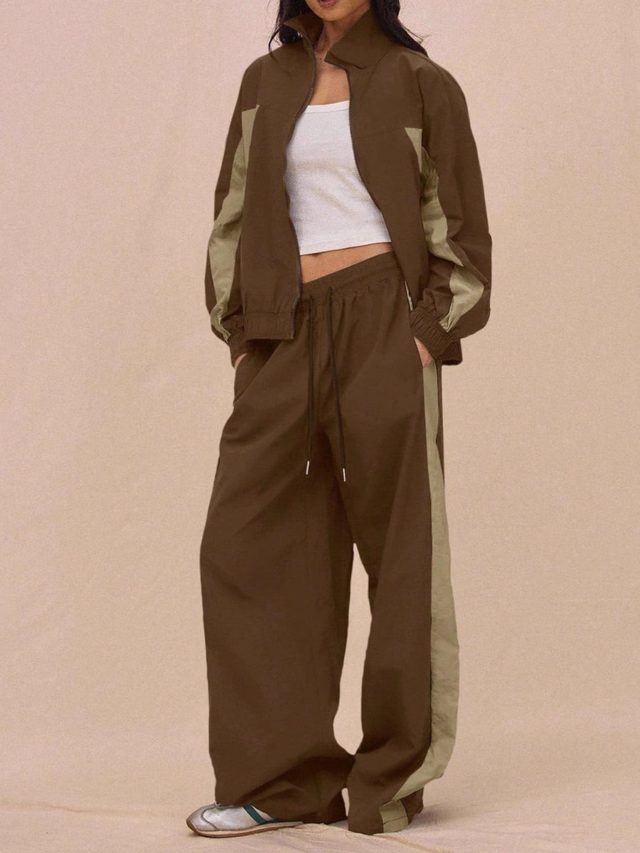 espresso brown tracksuit with color-block and collared
