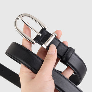 Black cowhide leather belt with silver buckle and accent detail