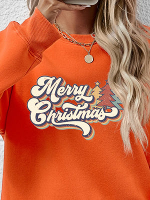 Festive Message Round Neck Sweatshirt in Pumpkin with Merry Christmas graphic and trees