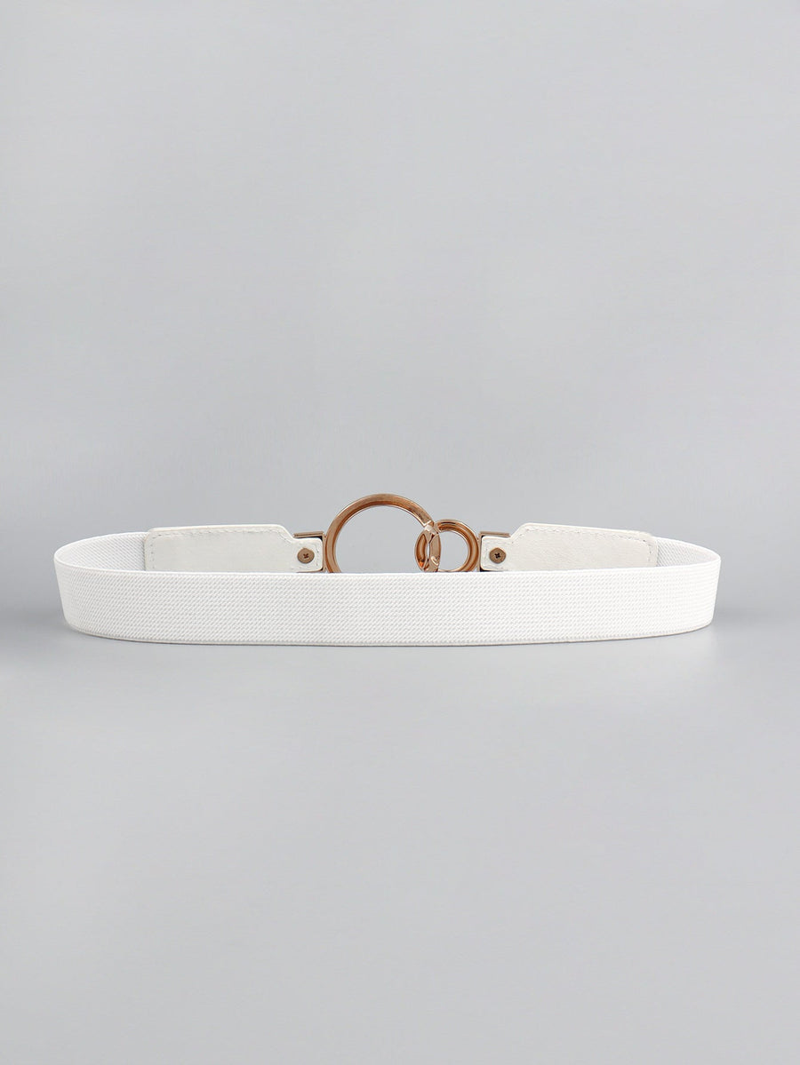 White elastic belt with interlocked gold rings and gold buckle detail