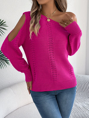 fuchsia pullover sweater with ribbed and off-shoulder
