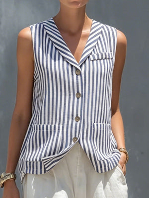 white matching set featuring buttoned and striped