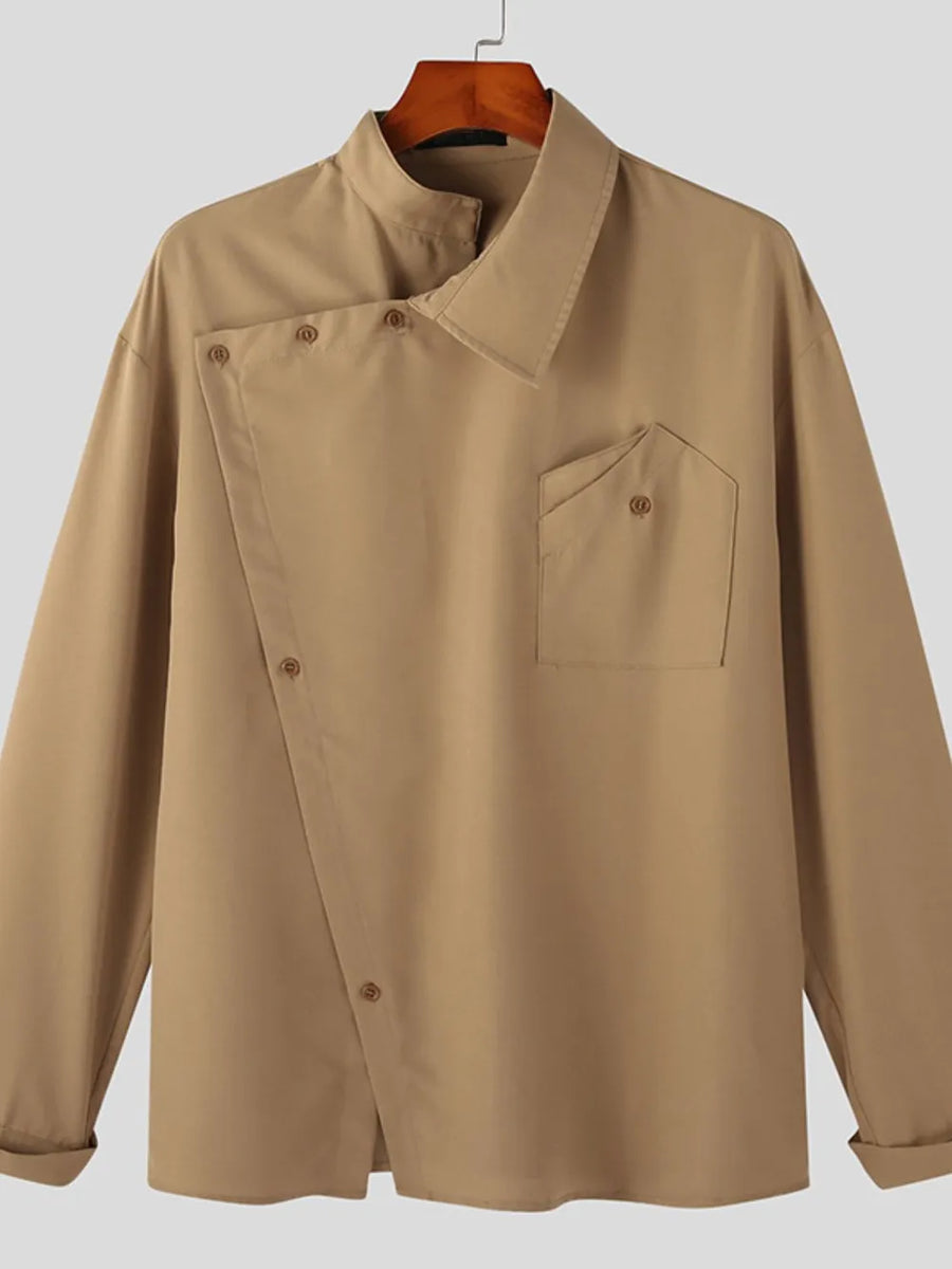 Camel long sleeve shirt with asymmetrical button-up and architectural collar.