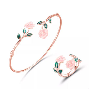 18k Rose Gold-plated Bypass Ring And Bracelet Set in gold with rose motif