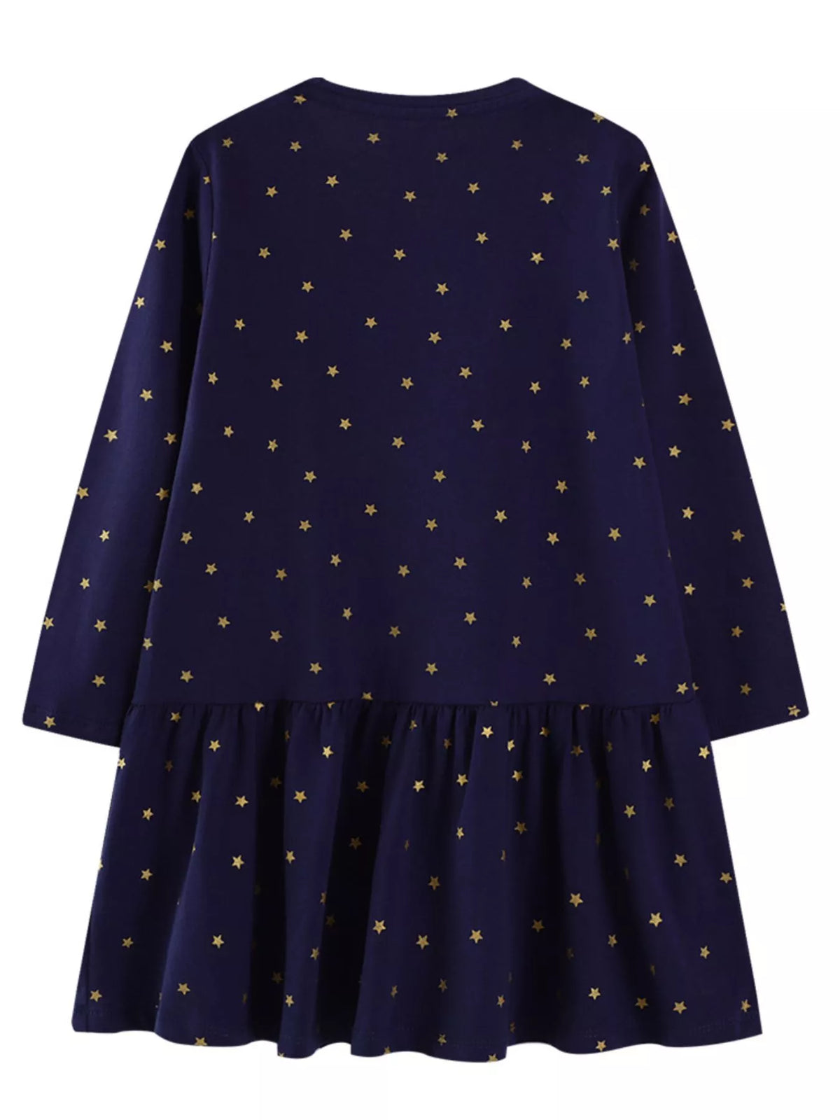 Dark navy cotton blend long-sleeve baby dress with gold stars and ruffled hem