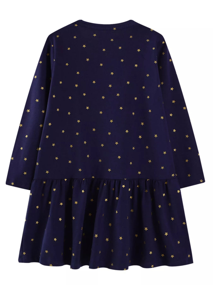Dark navy cotton blend long-sleeve baby dress with gold stars and ruffled hem