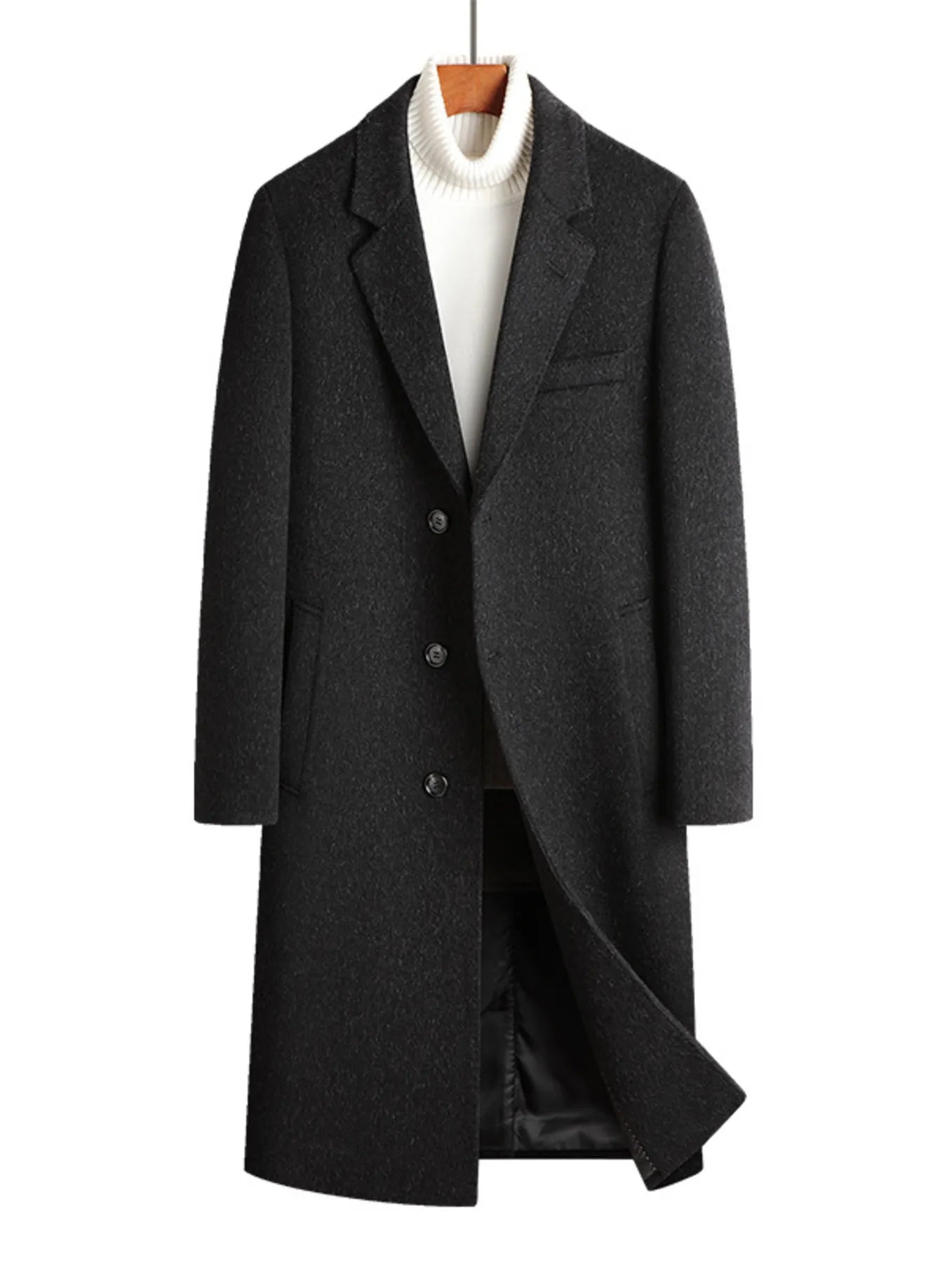 Men's dark gray longline wool buttoned overcoat with classic lapels and a white turtleneck.