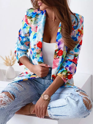 Green Vibrant Floral Print Open Front Blazer