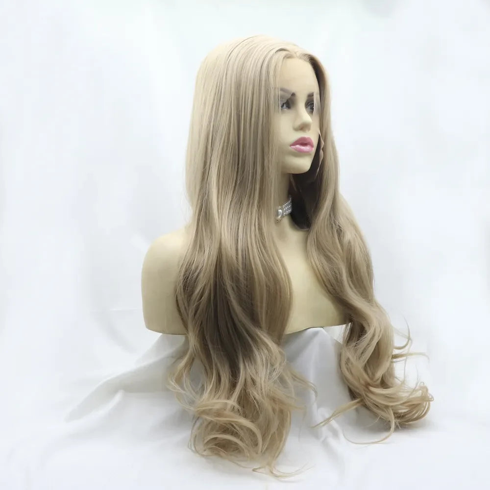 Luminous ombre lace front wig in icy blonde with beach waves, styled on a mannequin.