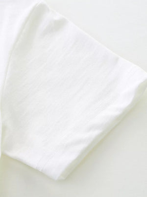 White t-shirt with short sleeves and a subtle textured fabric.