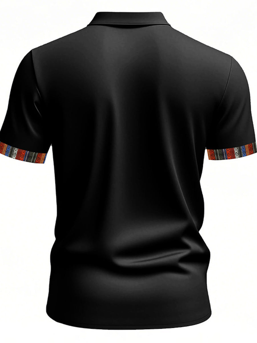 Black cotton short sleeve men's polo shirt with colorful patterned trim on sleeves.
