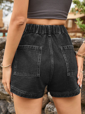 Black denim cargo shorts with elastic waistband and patch pockets.