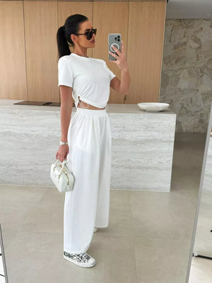 White crop top with drawstring sides and wide-leg pants set