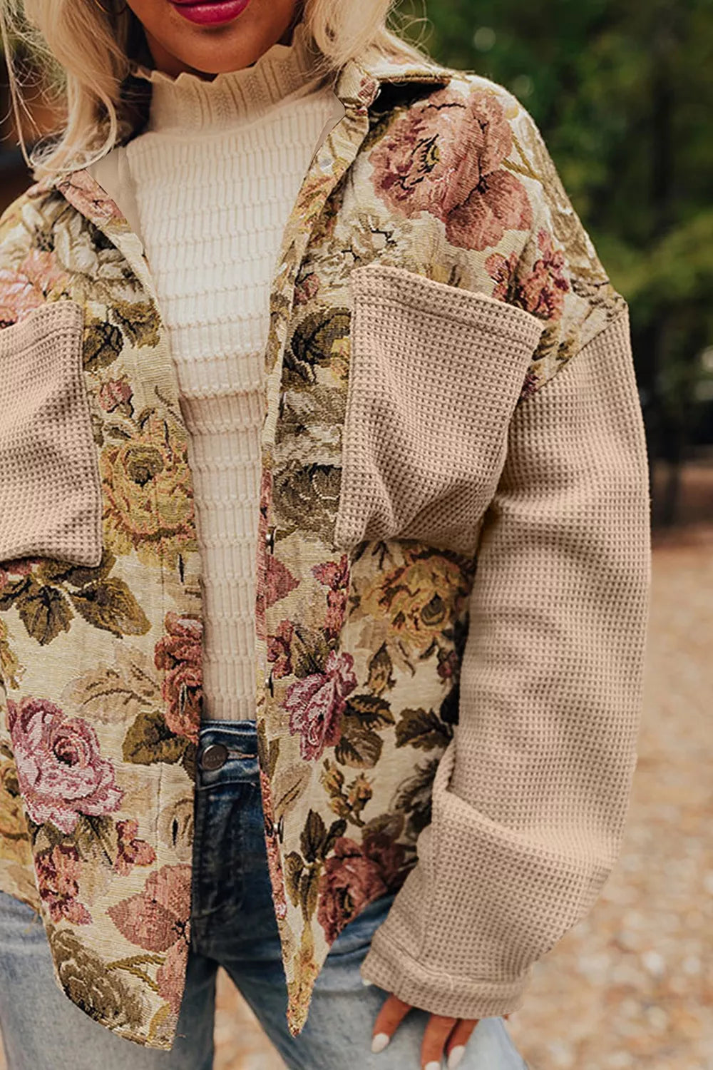 shacket in olive green with floral and buttoned