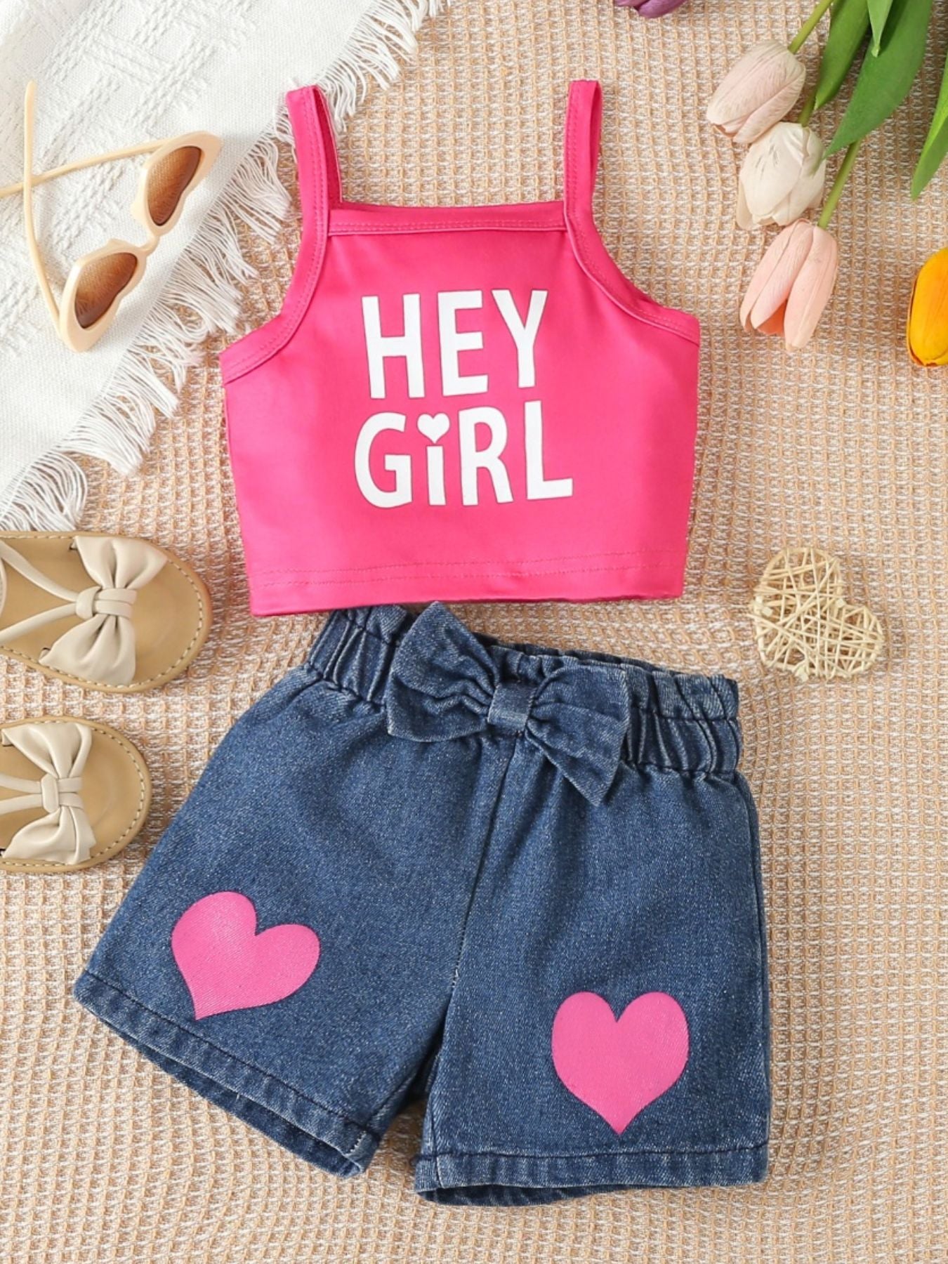 Pink cami with "HEY GIRL" graphic and denim shorts with pink hearts and bow detail