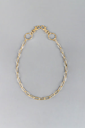 Gold chain wallet chain with lobster clasps and O-ring connectors for belts and pants.