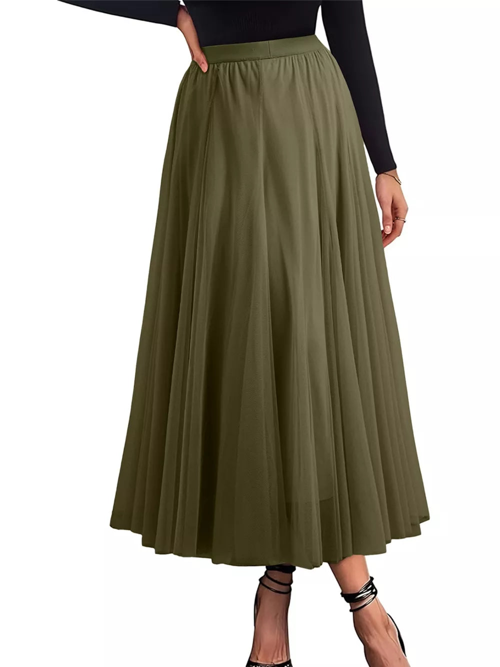 Army green tulle A-line midi skirt with a flared silhouette and elastic waistband.