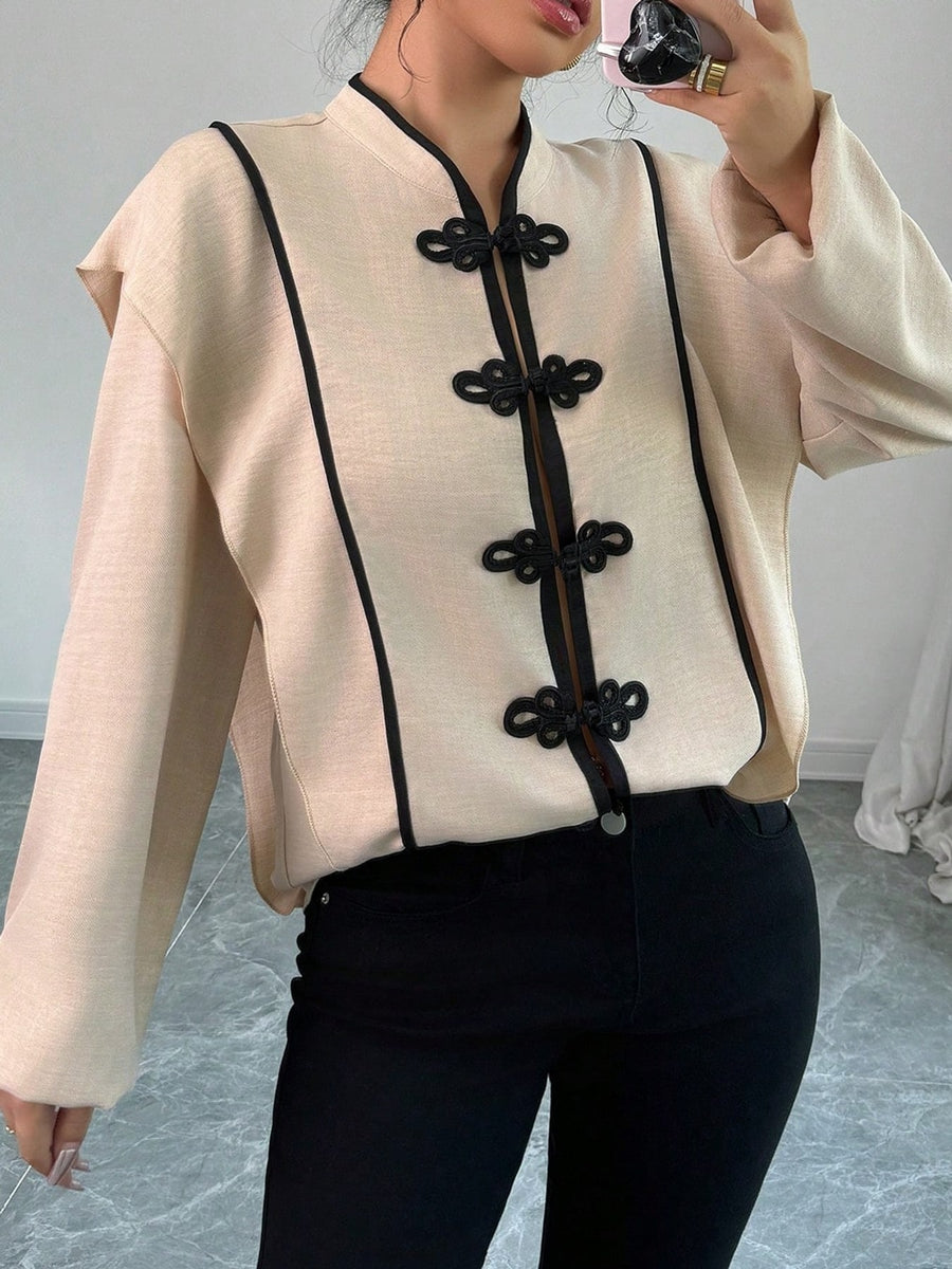Dark Gray blouse with hip-length and zip-front