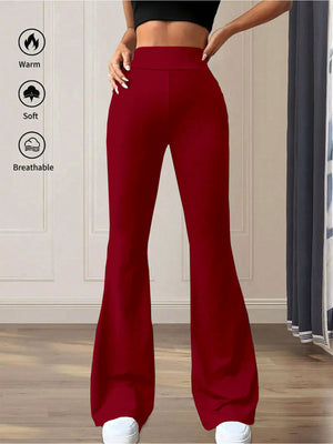 Burgundy high waist flare pants in soft, breathable cotton blend.