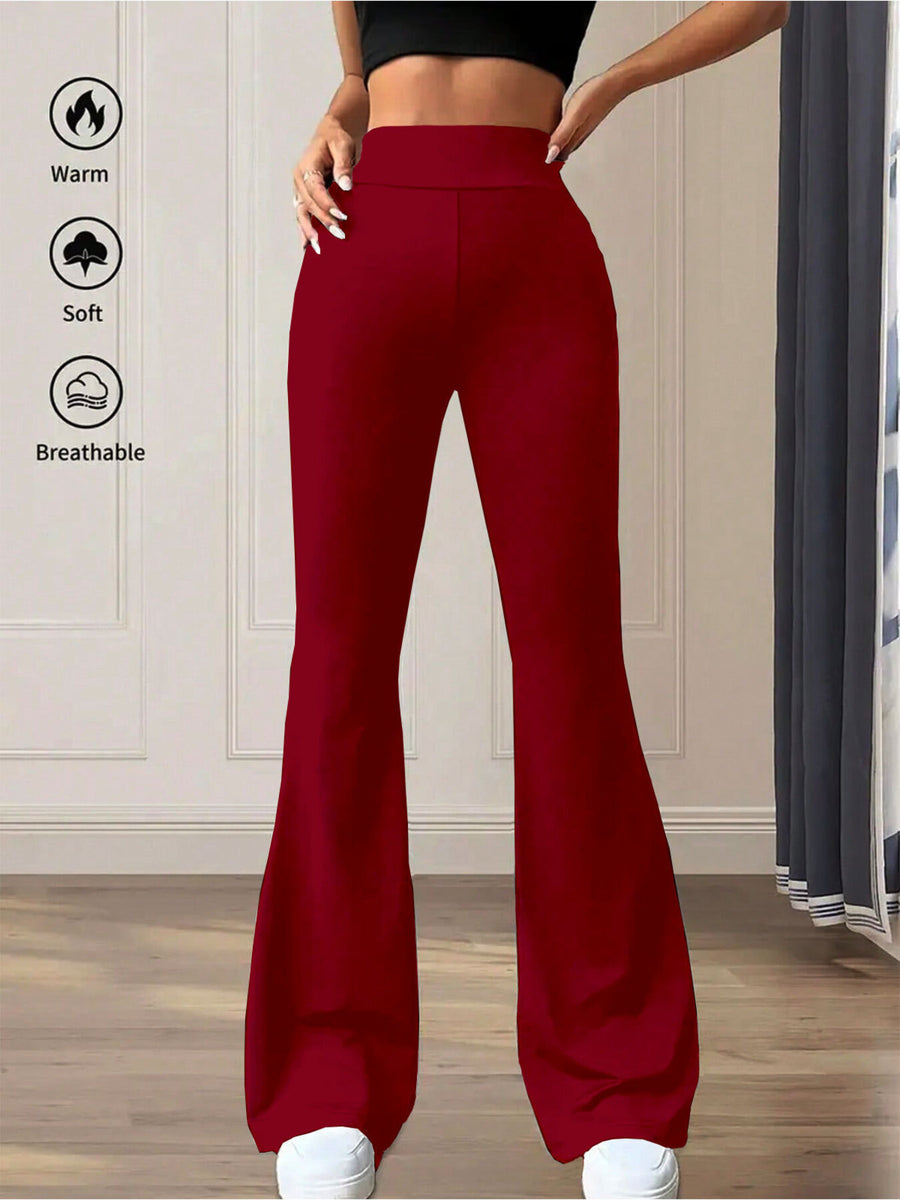 Burgundy high waist flare pants in soft, breathable cotton blend.