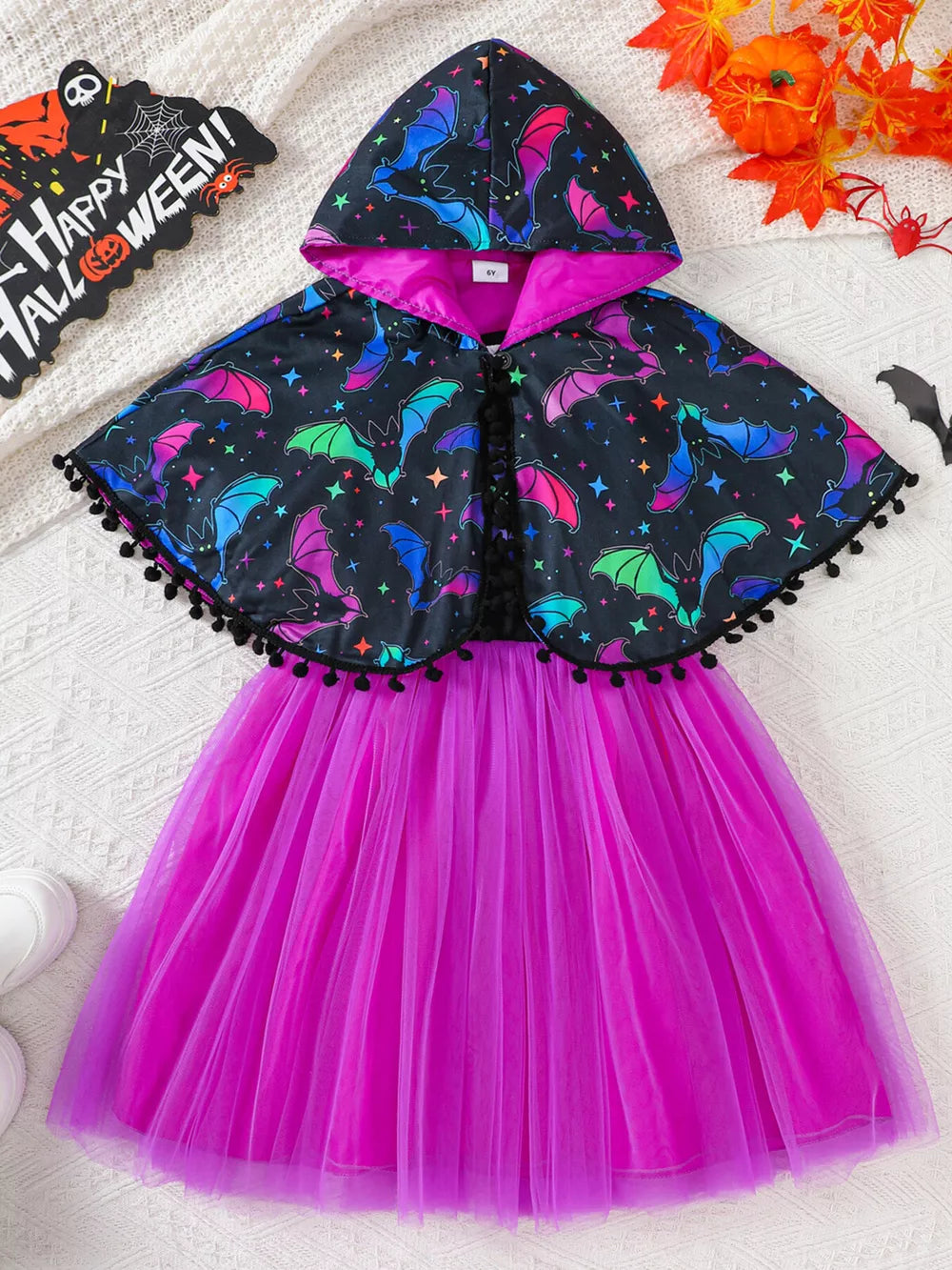 magenta mini dress with bat-print and hooded