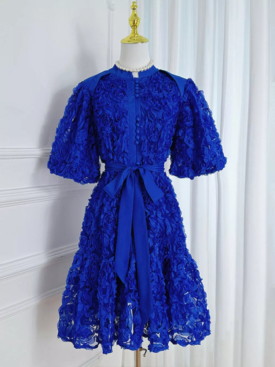 Blue floral textured puff sleeve button-down dress with tie waist