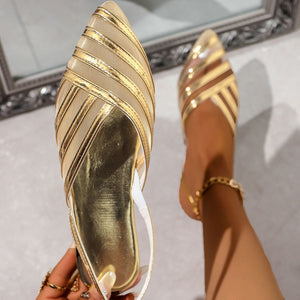Gold mesh pointed slingback flats with metallic stripe details and ankle strap.