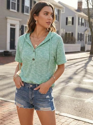 Green waffle knit hooded t-shirt with drawstring and button detail
