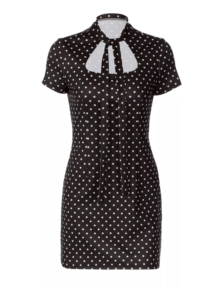 Chic black polka dot mini dress with short sleeves and a cut-out neckline with bow detail.