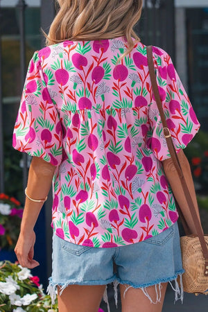 Floral Print Short Sleeve Tassel Tie Blouse option 4