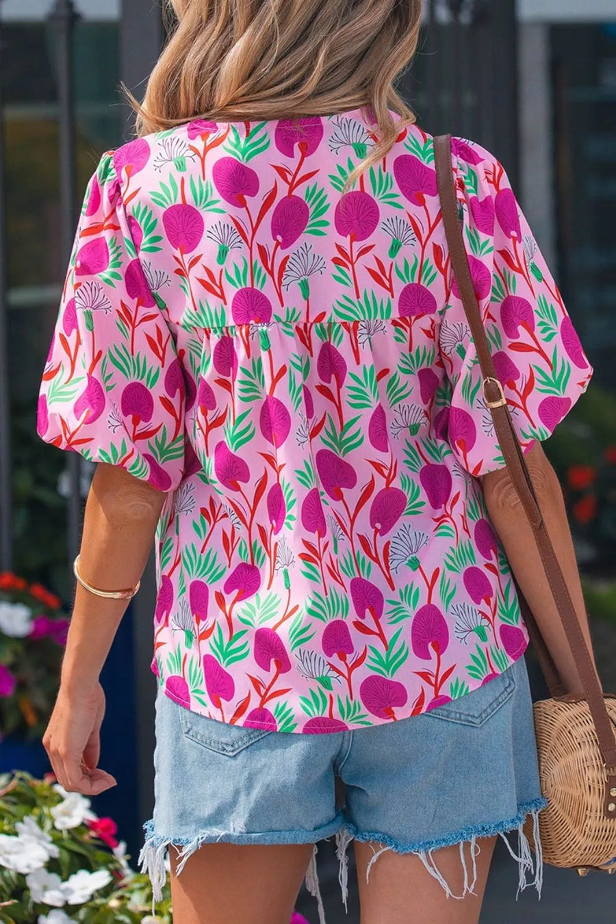 Floral Print Short Sleeve Tassel Tie Blouse option 4