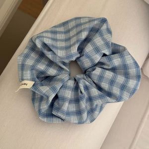 white scrunchie with elastic and gingham, plaid, striped