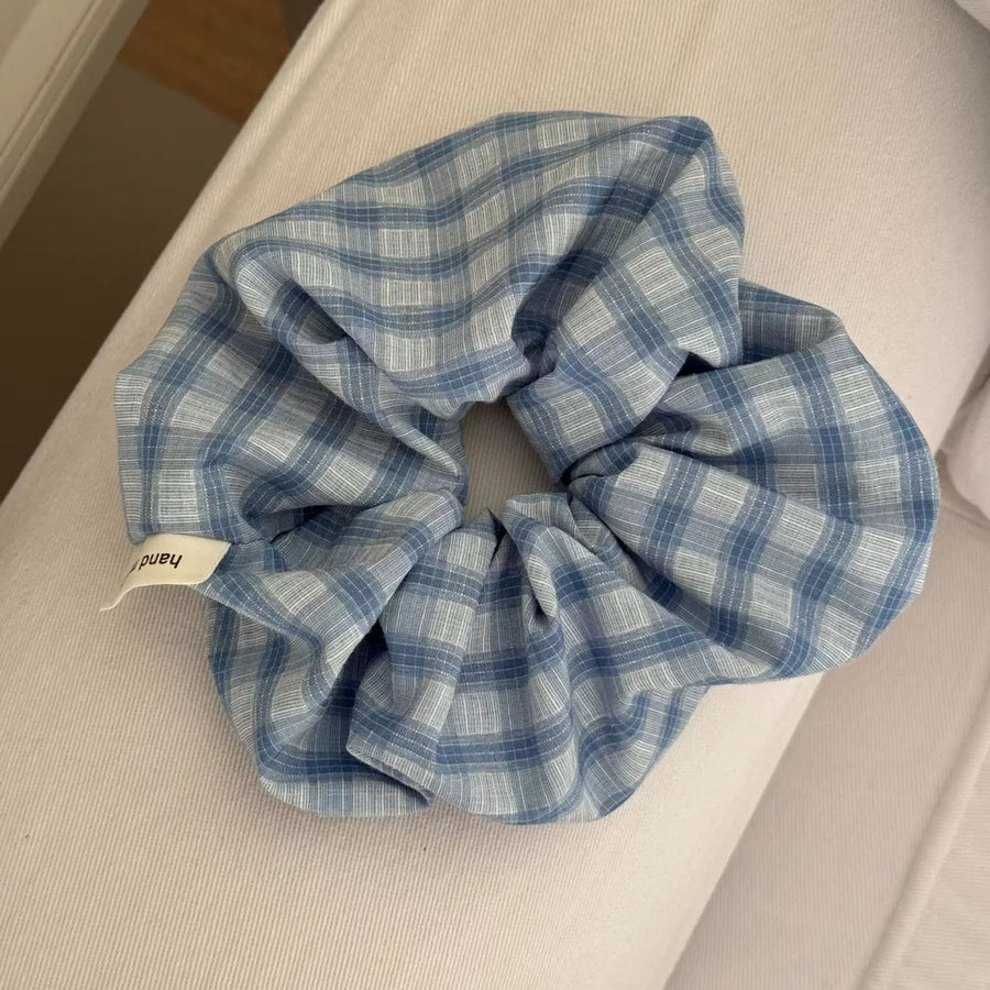 white scrunchie with elastic and gingham, plaid, striped