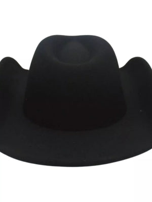 Black polyester cowboy hat with classic shape and wide brim
