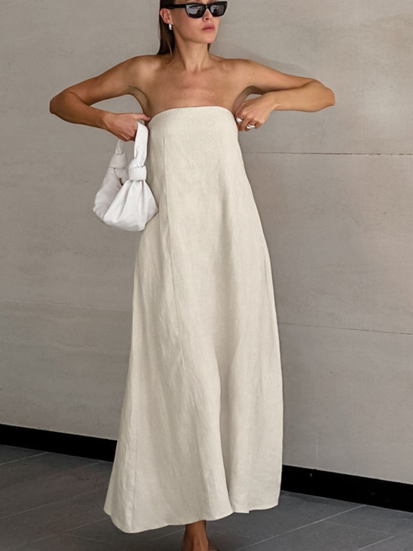 Beige smocked tube dress with zipper, a-line cotton maxi dress