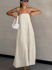 Beige smocked tube dress with zipper, a-line cotton maxi dress