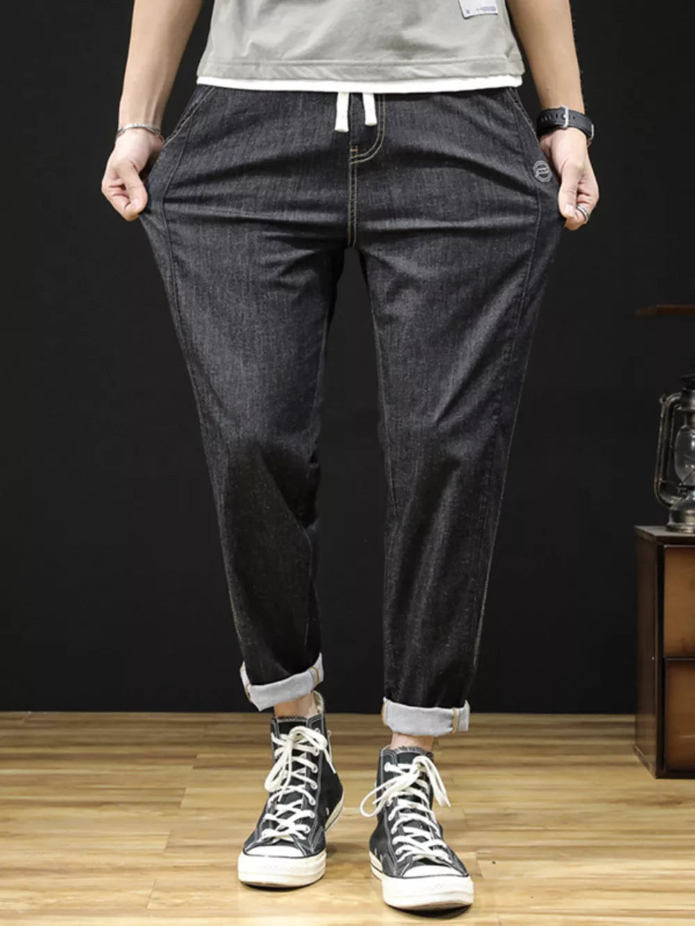 straight jeans in charcoal featuring drawstring waist and straight fit