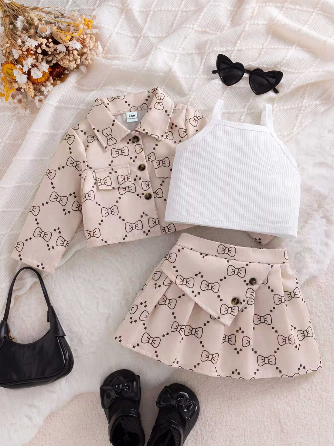blush pink outfit set with bow-print and collared