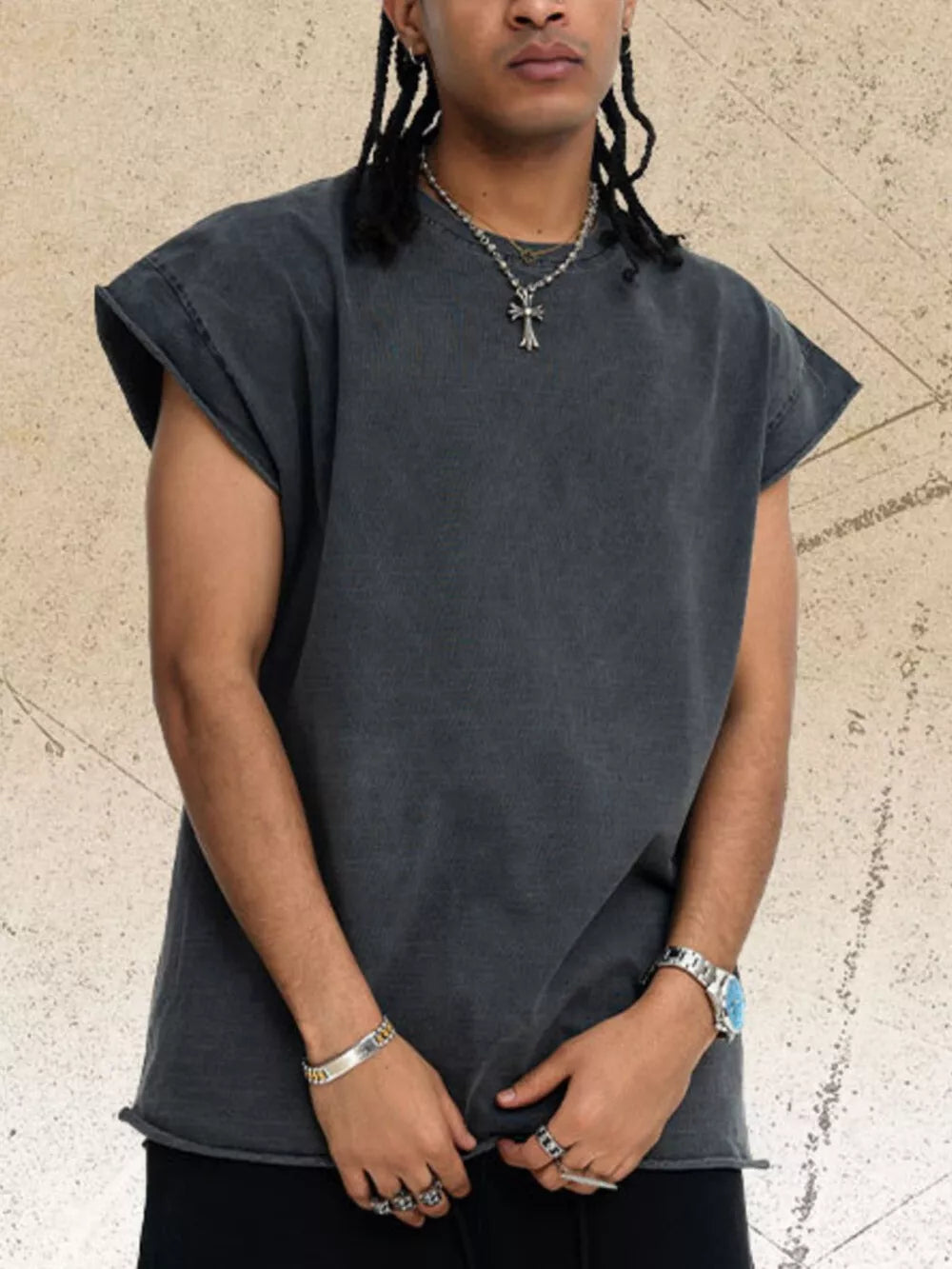 Distressed dark gray cotton blend relaxed fit men's tank top with raw hem.